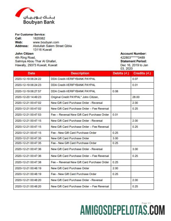 Modelo realista de comprovante de endereço do Kuwait Boubyan Bank em formato Word e PDF